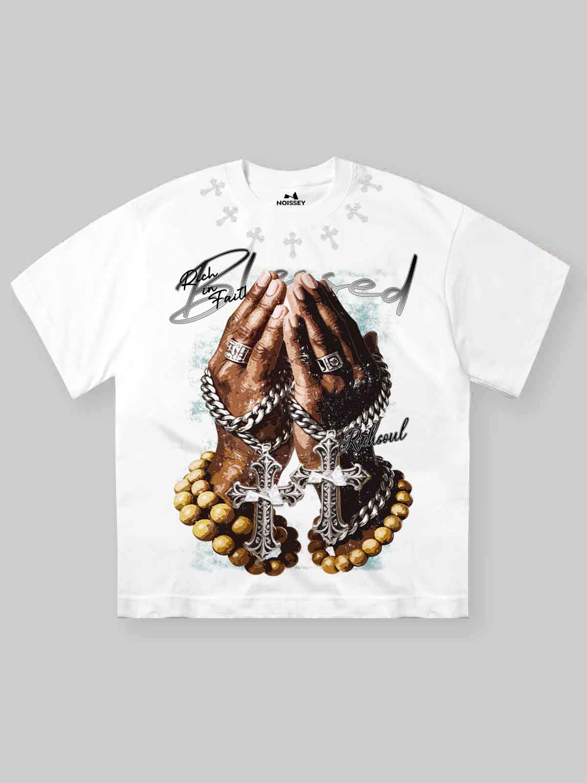 NOISSEY "Blessed Rich Soul" Praying Hands & Rosary Graphic DIY Rhinestone T-Shirt