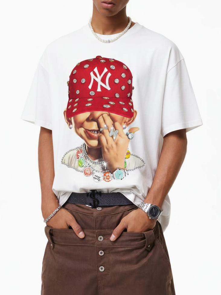NOISSEY "Bad Boy Red Snapback" Tee - Clean White 260G Heavyweight Little Oversized Streetwear T-Shirt