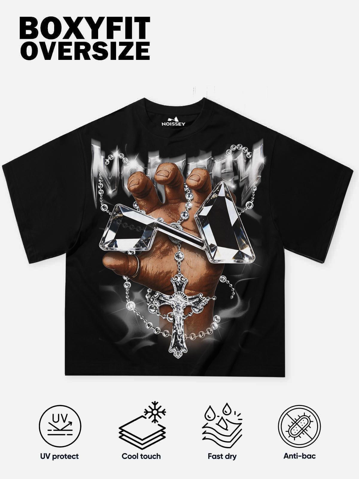 NOISSEY "Holy Drip" Crystalline Cross & Prayer Hand Boxy Heavyweight Art Tee - Onyx Black