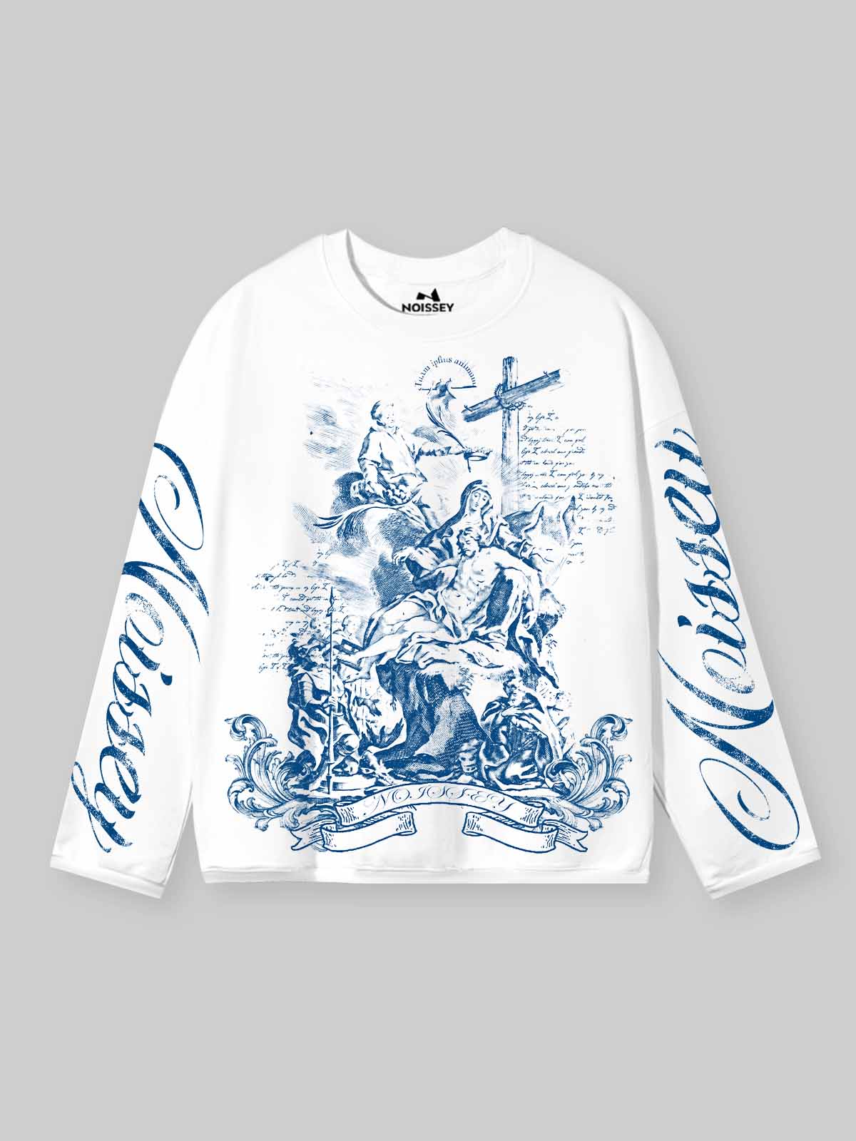 NOISSEY Blue Pieta Religious Woodcut Print Long Sleeve T-Shirt - White