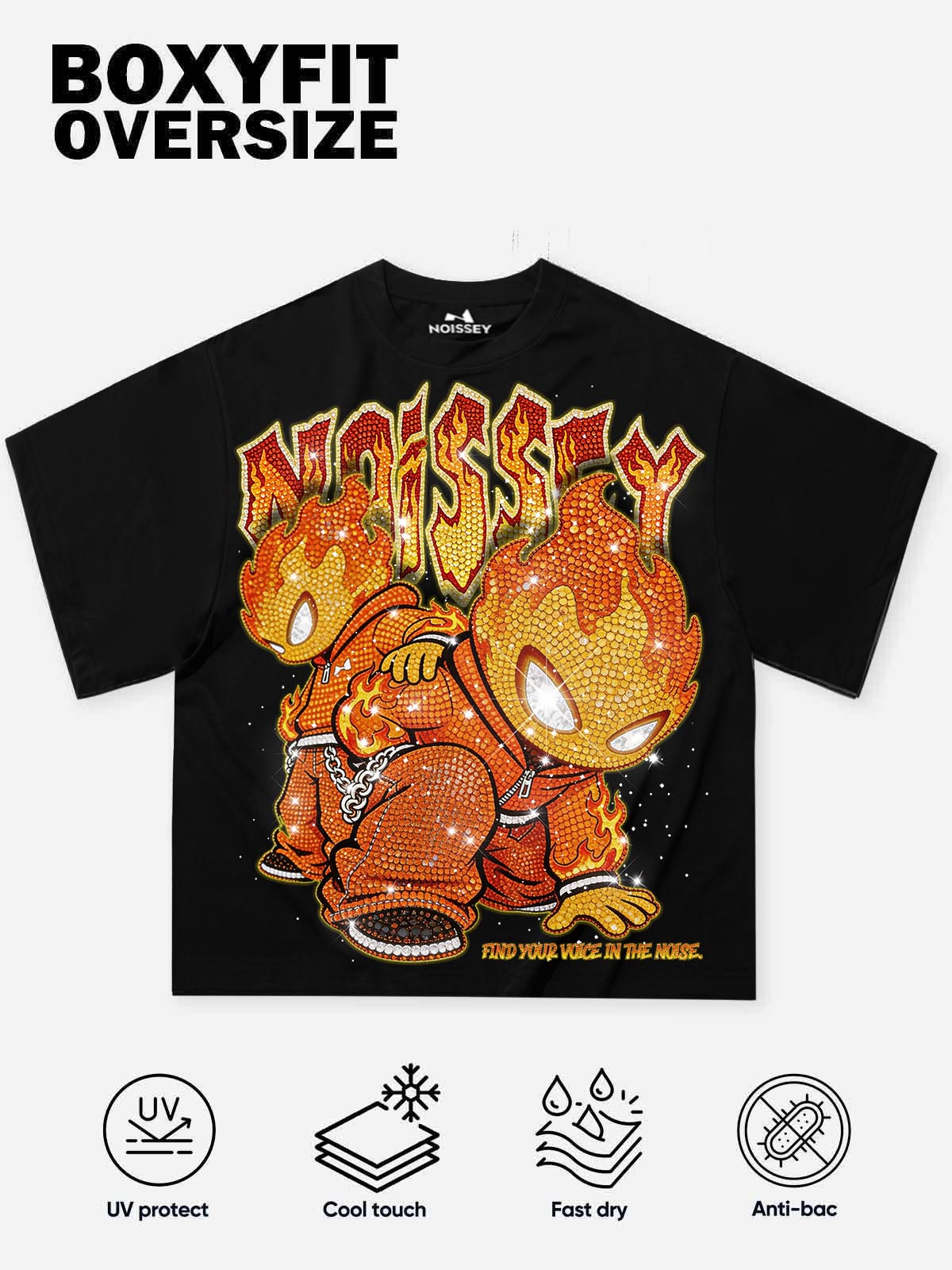 NOISSEY "FLAME TWINS" FULL-RHINESTONE OVERSIZED ART TEE