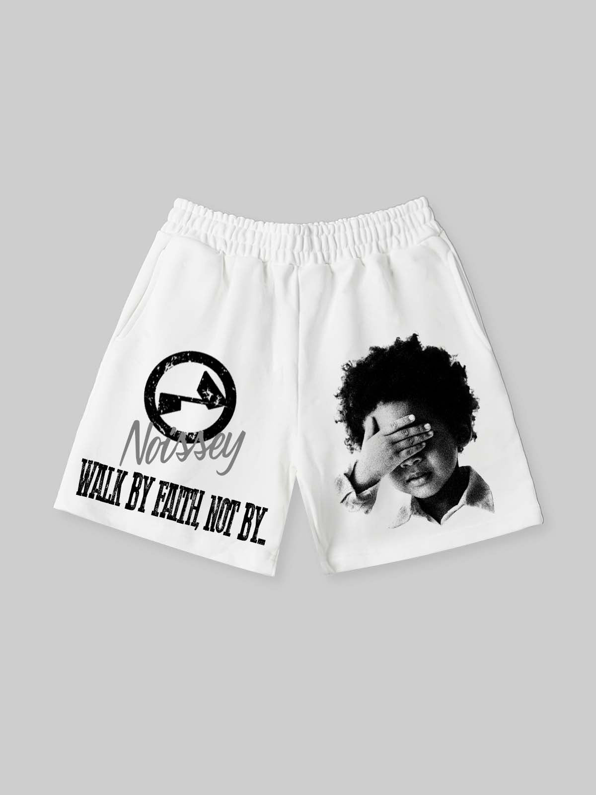 NOISSEY "WALK BY FAITH" Monochrome Graphic Artwork Relaxed Shorts - Pure White