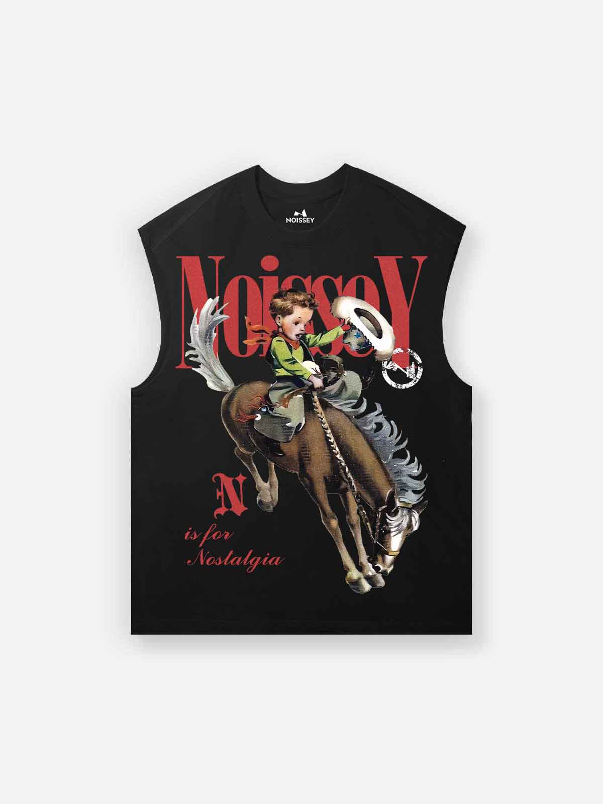 NOISSEY Vintage Cowboy Illustration Tank Top - Phantom Black 270G Heavyweight Oversized Sleevelless Tee