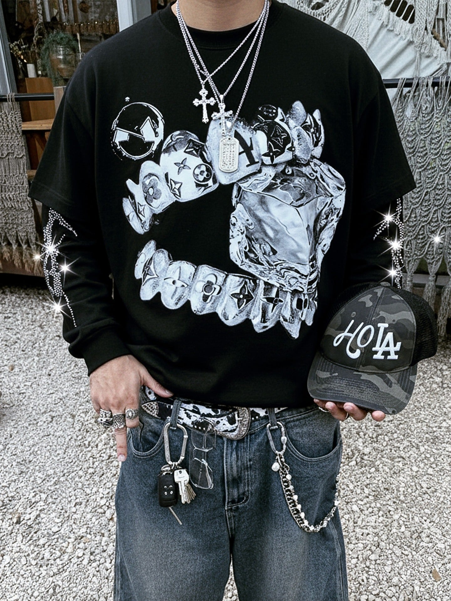 NOISSEY "Liquid Chrome" Monogram Grillz Cooling Oversize Tee - Black