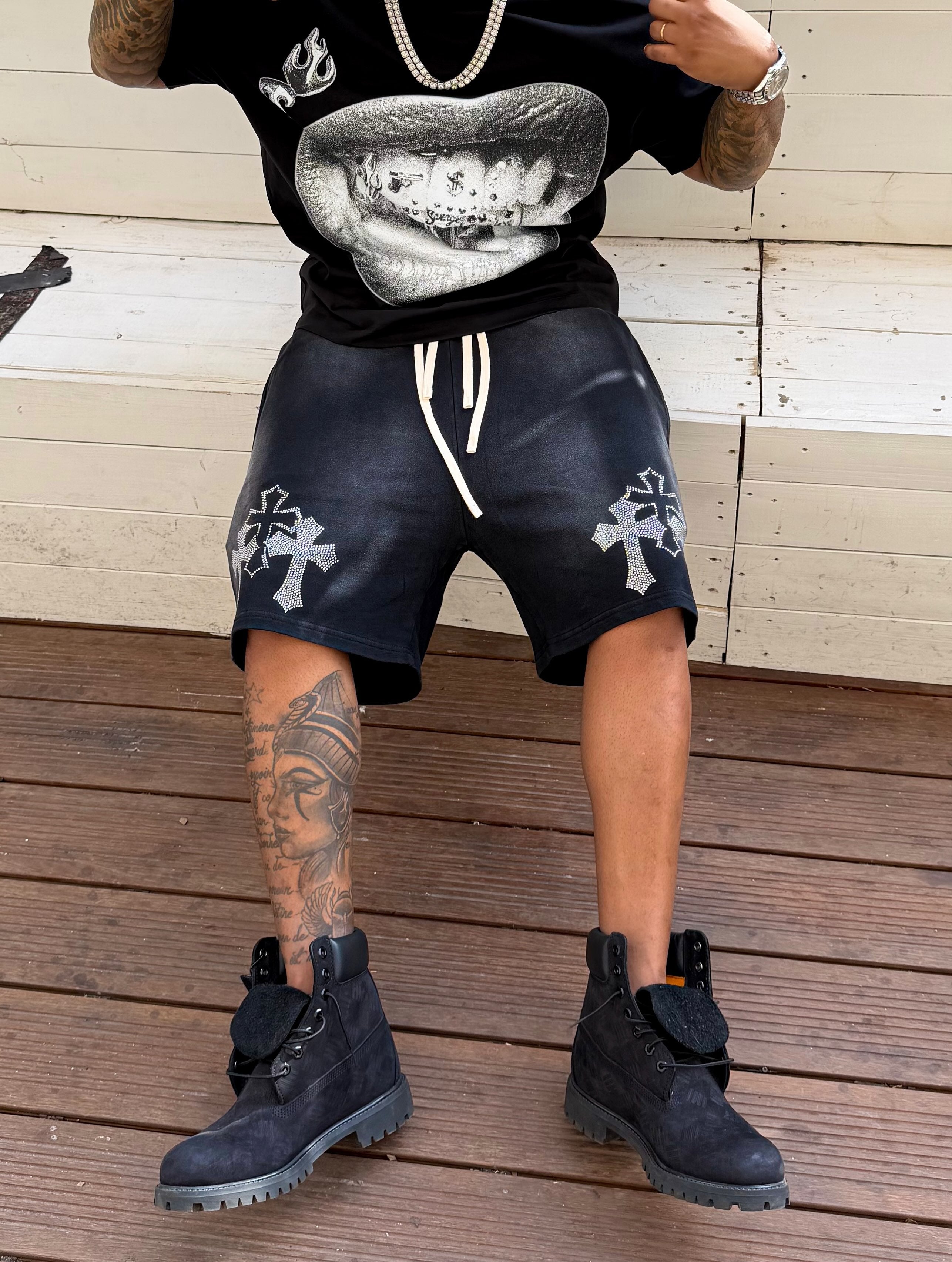 NOISSEY Rhinestone Gothic Cross Heavy Sweat Shorts - 4 Colors Available