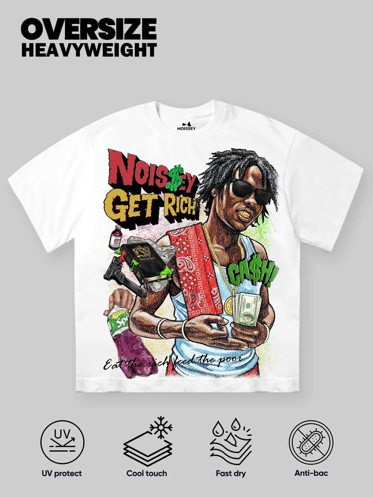 "EAT THE RICH" HUSTLE GRAFFITI TEE – VINTAGE WHITE OVERSIZED STREETWEAR