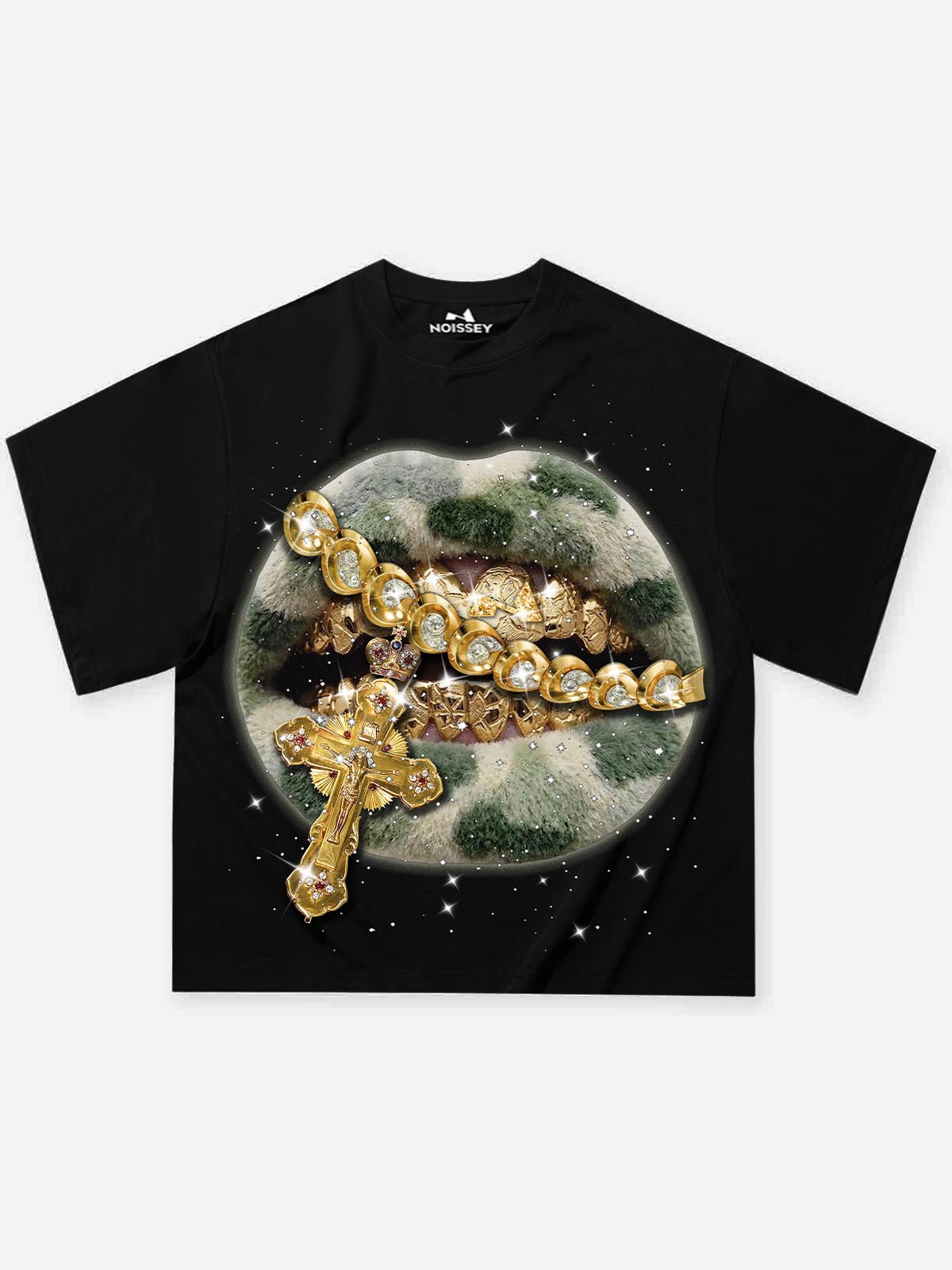 NOISSEY "Camo Grillz" Fuzzy Camo & Golden Cross Graphic Rhinestone T-Shirt
