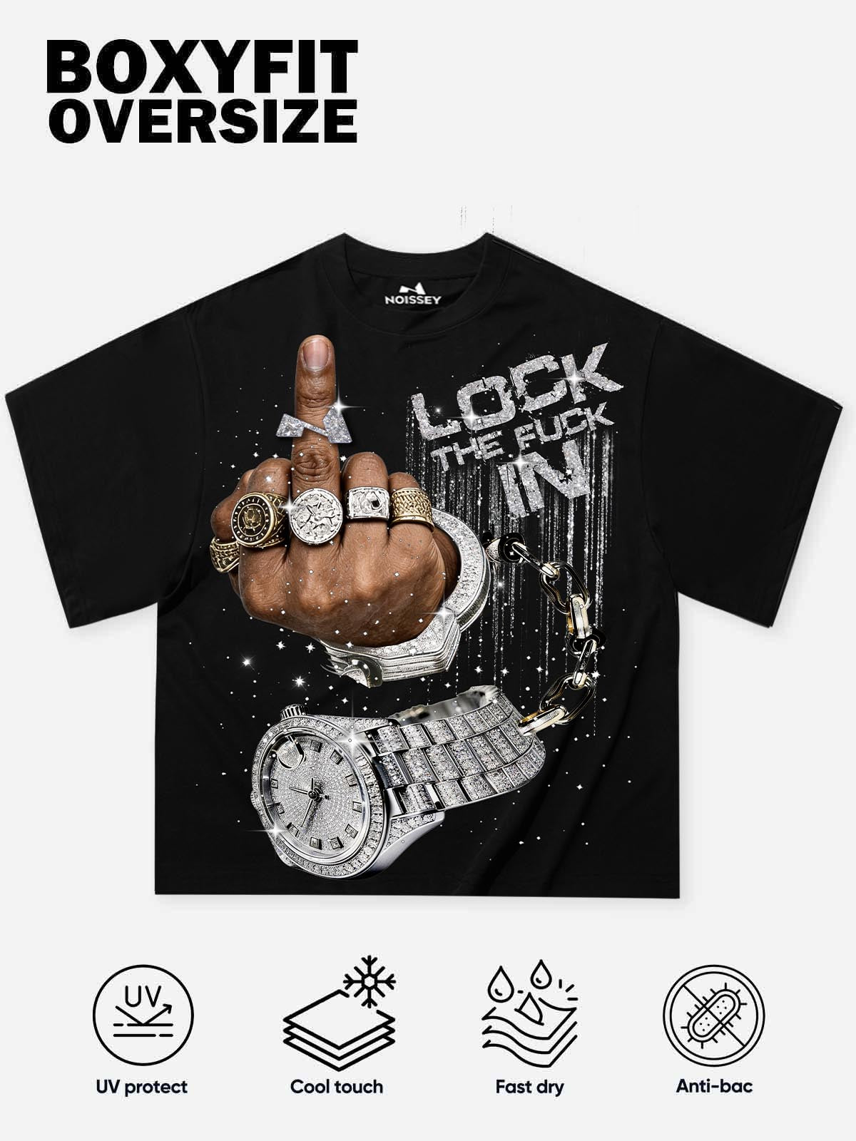 NOISSEY "LOCK THE FUCK IN" ICED OUT LUXURY GRAPHIC OVERSIZED T-SHIRT
