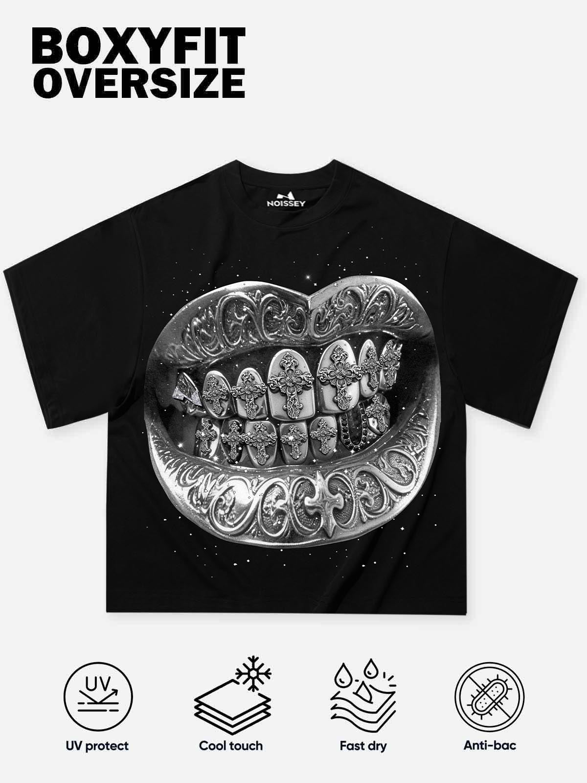 NOISSEY "Diamond Cross Grillz" Silver Cross Graphic Art Heavyweight T-Shirt