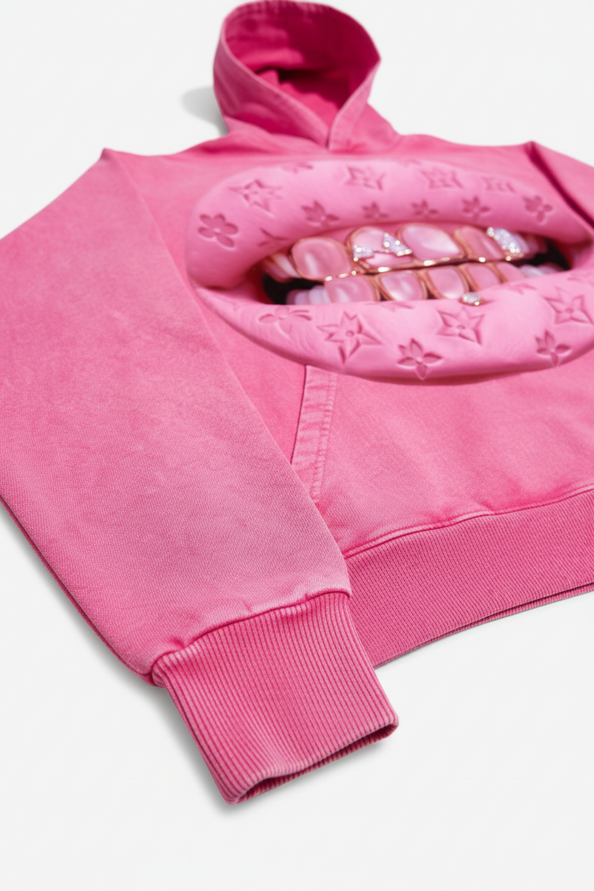NOISSEY PINK "CAT'S EYE" ICED OUT GRILLS PREMIUM STREETWEAR HOODIE