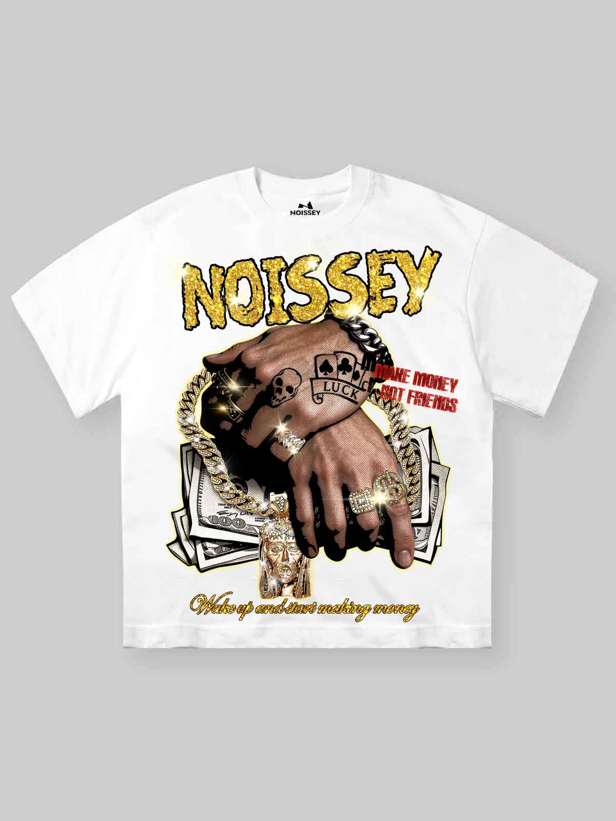 NOISSEY "Make Money Not Friends" Money Hands Gold Diamond Art Graphic Heavyweight T-Shirt