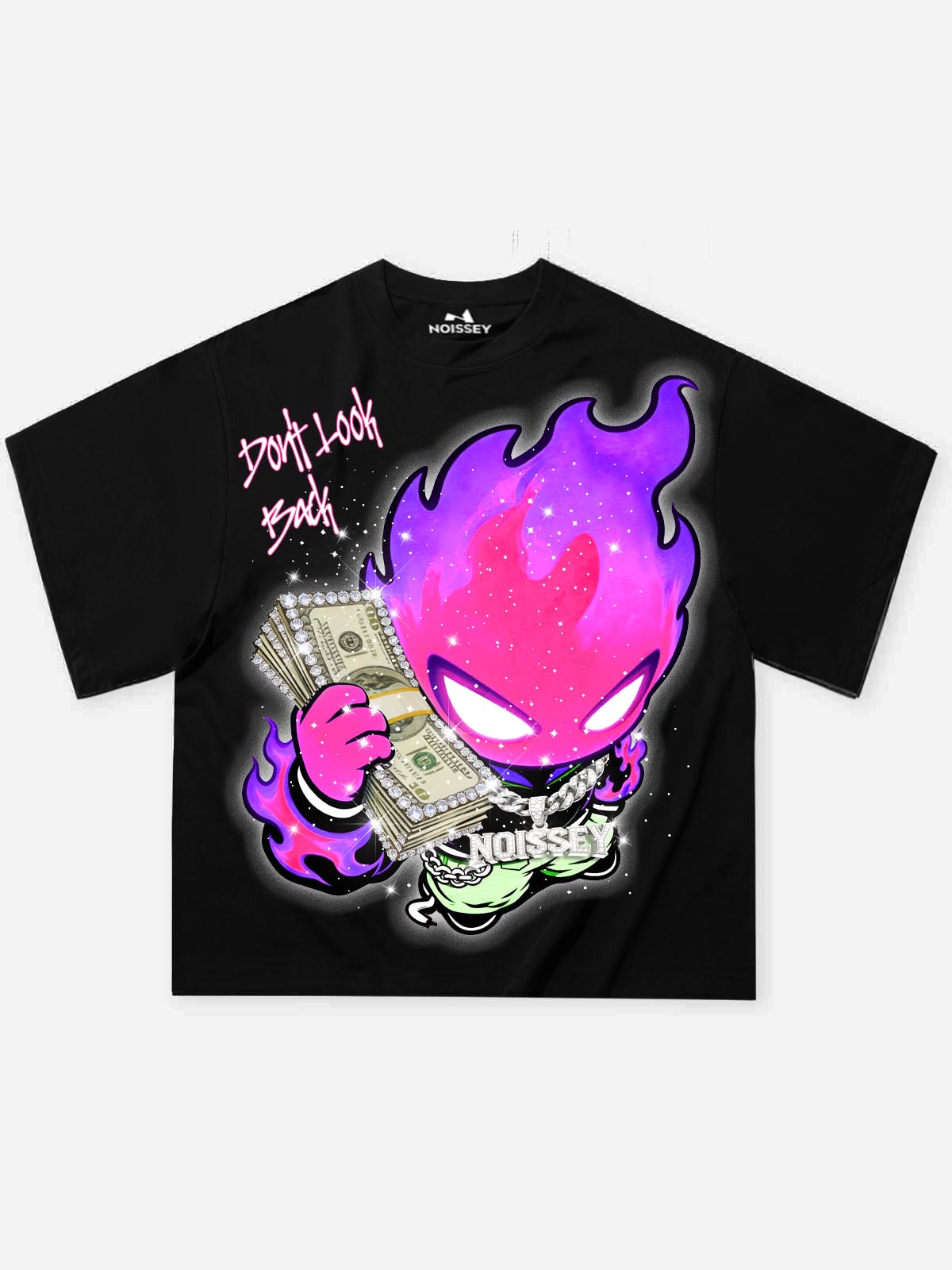 NOISSEY "Don't Look Back" Purple Fire Money Spirit Luxury Iced-Out T-Shirt - Onyx Black