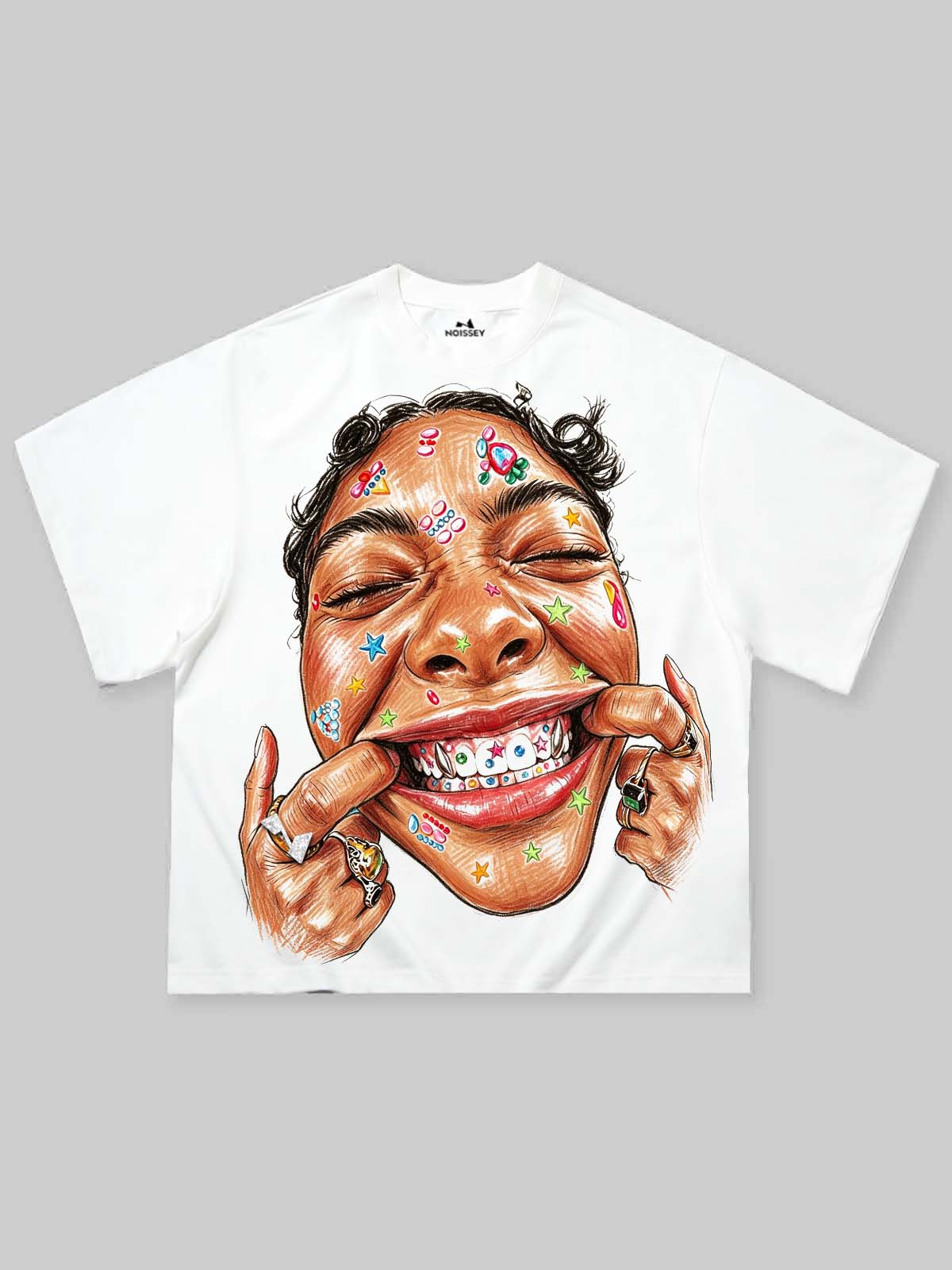 NOISSEY "Y2K Colorful Smiley" Graphic Boxy Tee - Premium White