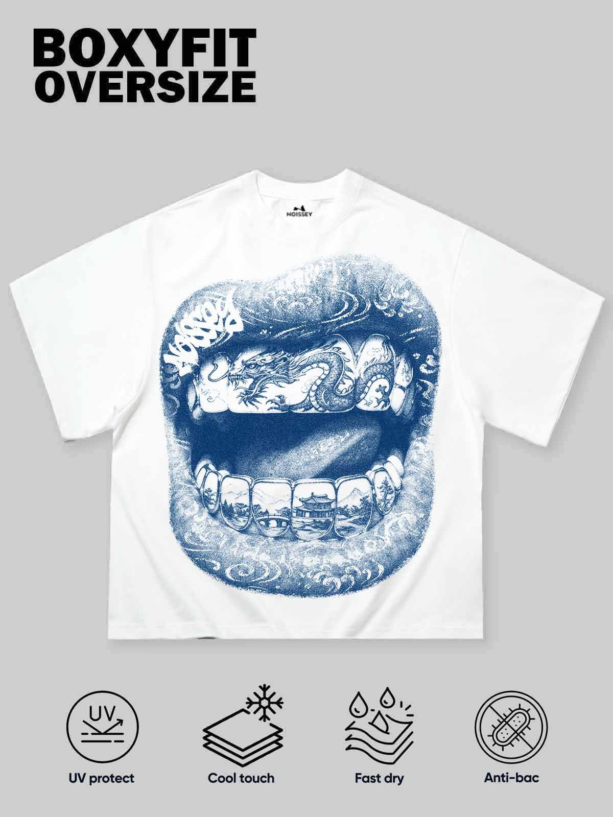 NOISSEY Dragon Grills Blue & White Porcelain Art Print T-Shirt - Porcelain White