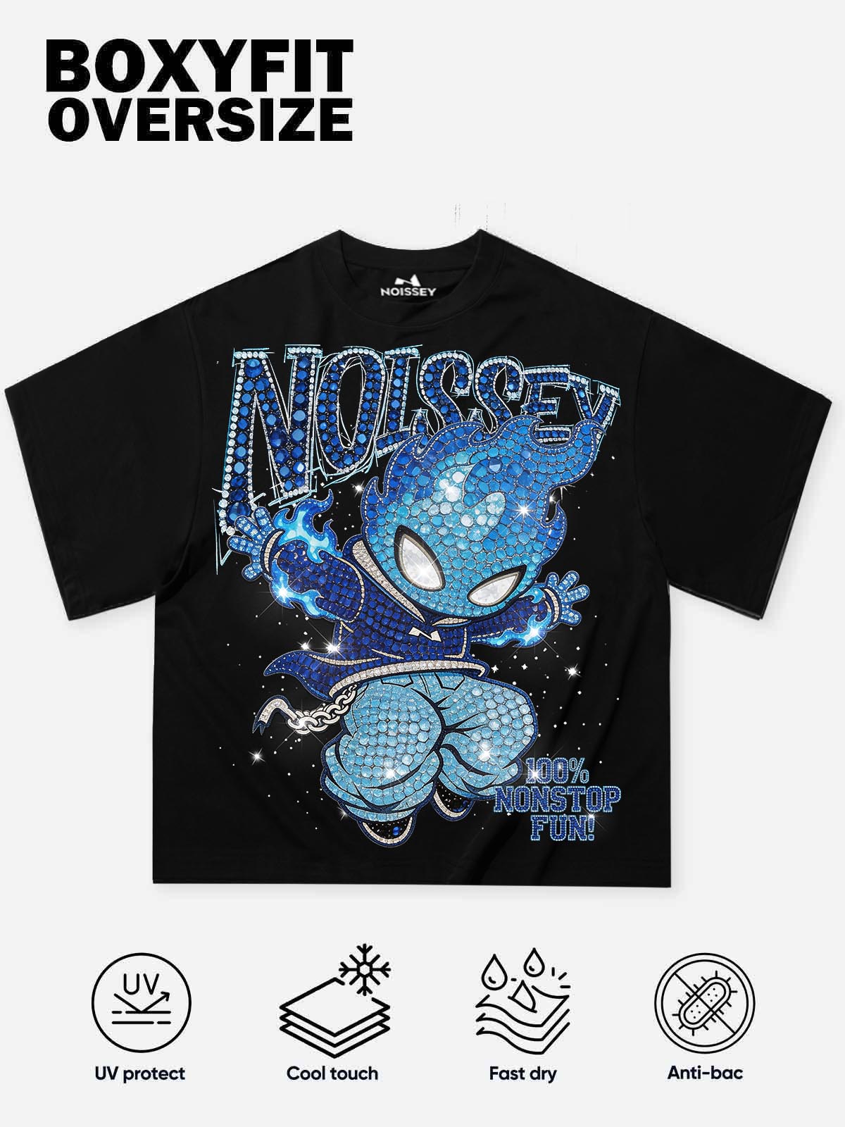 NOISSEY "Blue Ignite" Boxy Heavyweight Crystal Art Tee - Midnight Black