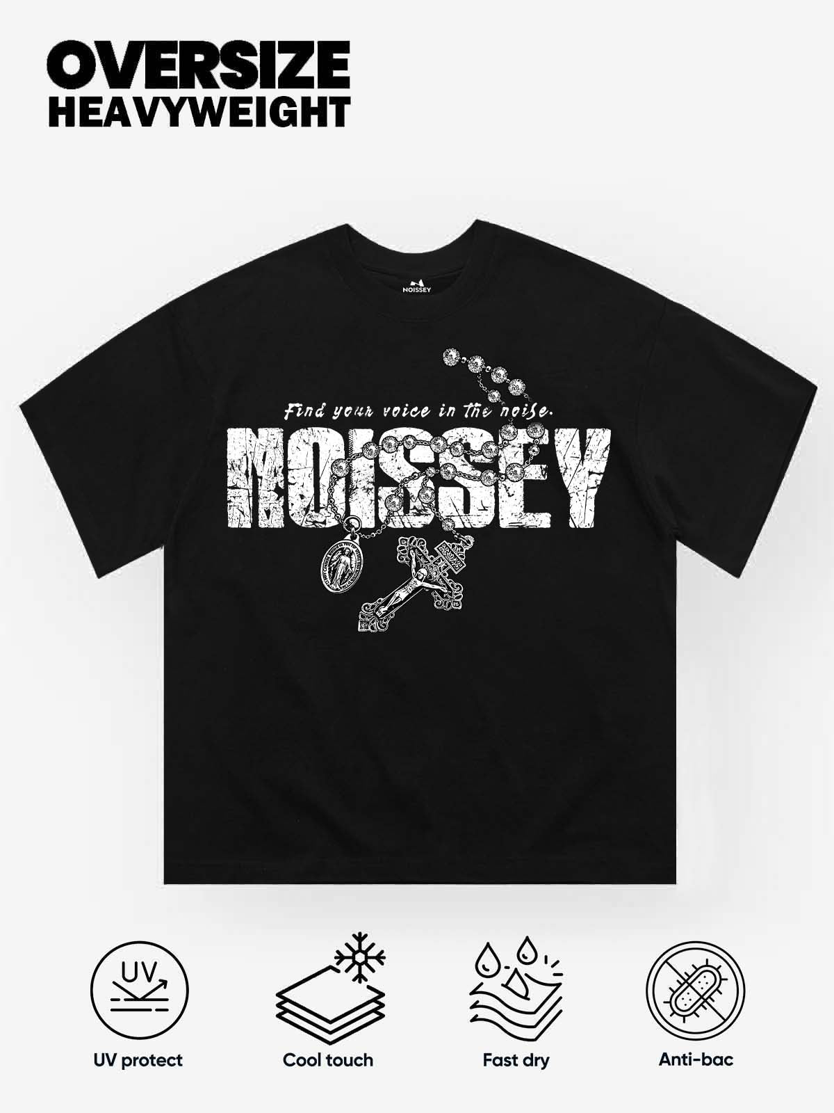 NOISSEY Find Your Voice Vintage Distressed Rosary Cross Art Tee - Pitch Black