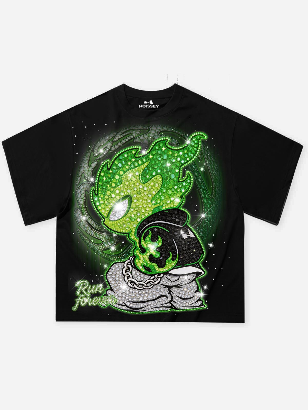 NOISSEY "Run Forever" Green Flame Crystal Figure Boxy Heavyweight Tee - Onyx Black