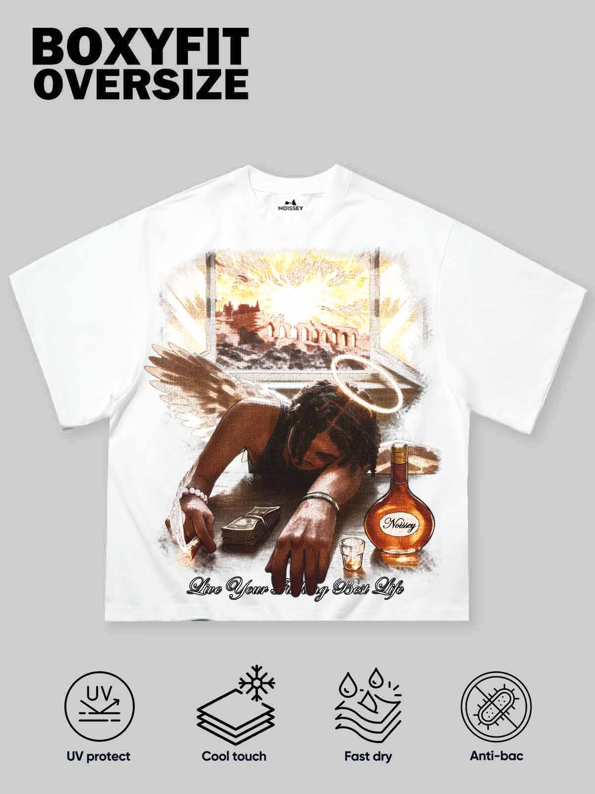 NOISSEY "Live Your Best Life" Dark Angel Art Boxy Heavyweight Tee - Cloud White