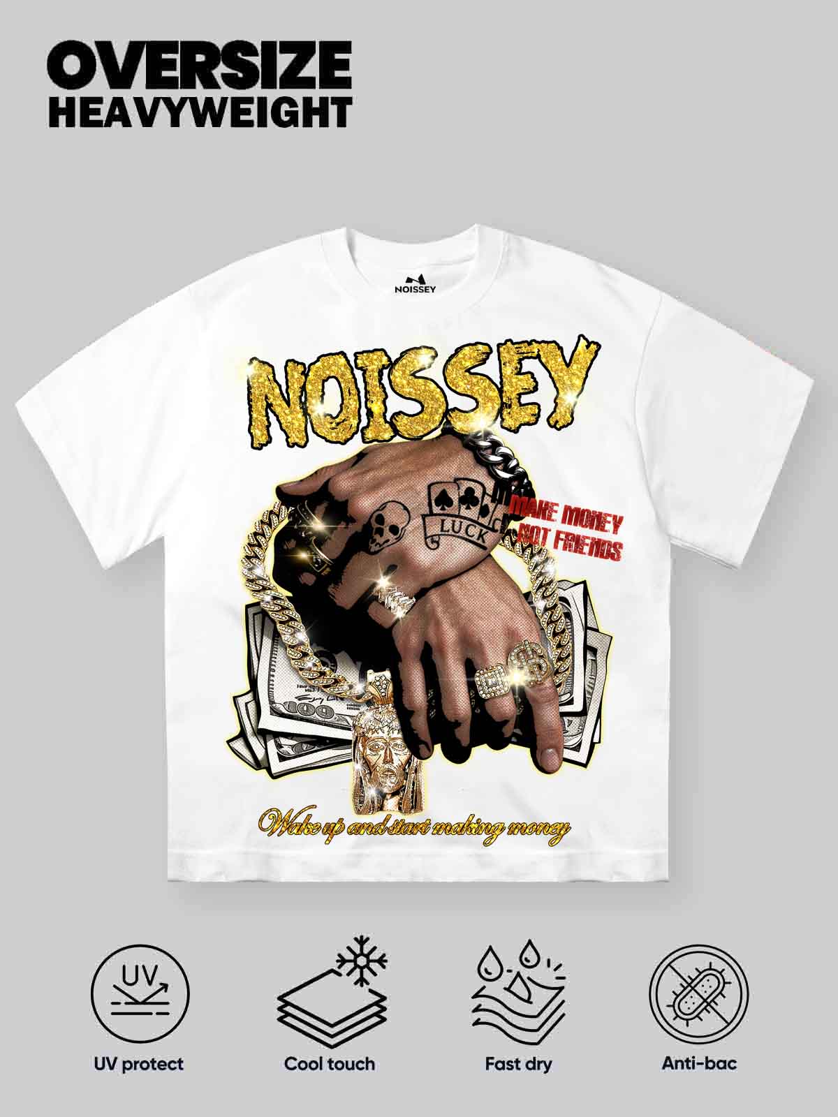 NOISSEY "Make Money Not Friends" Money Hands Gold Diamond Art Graphic Heavyweight T-Shirt