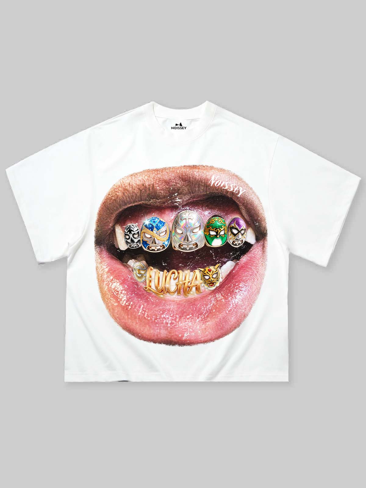 NOISSEY "Lucha Grillz" Wrestling Mask Iced-Out Art Print Oversized T-Shirt