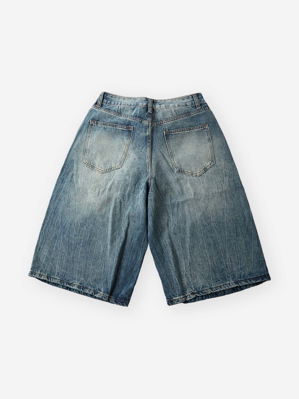 NOISSEY "Gothic Cross" Rhinestone Bleach-Washed Denim Shorts - High-Street Wide-Leg 2 Colors