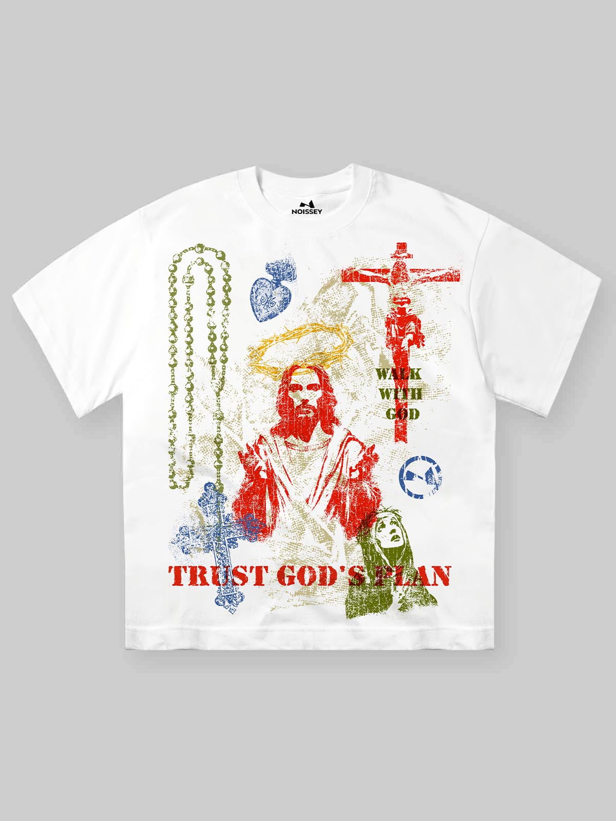 White T-shirt with colorful "Trust God's plan" screen print