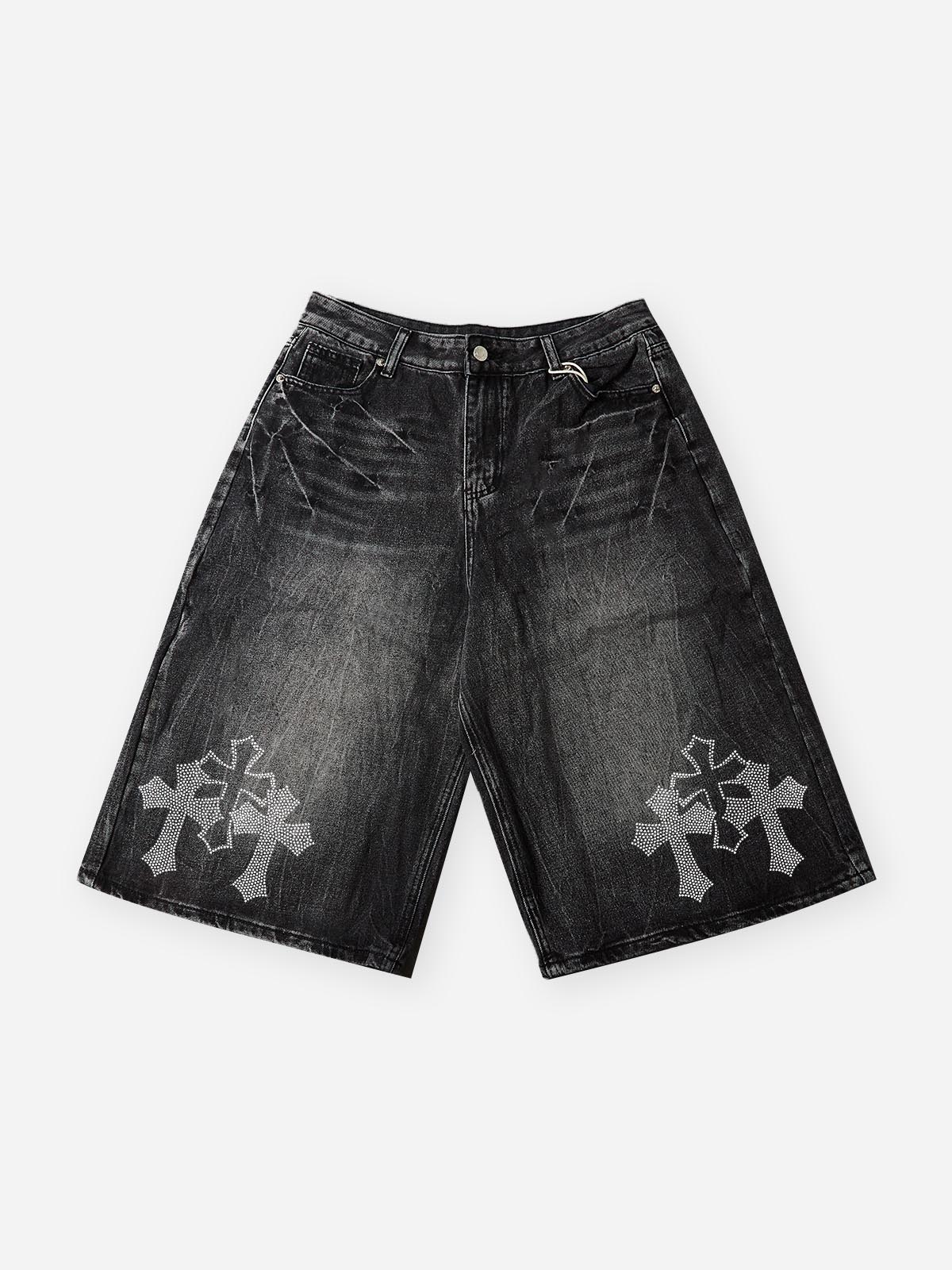 NOISSEY Rhinestone Gothic Cross Washed Denim Shorts - Black