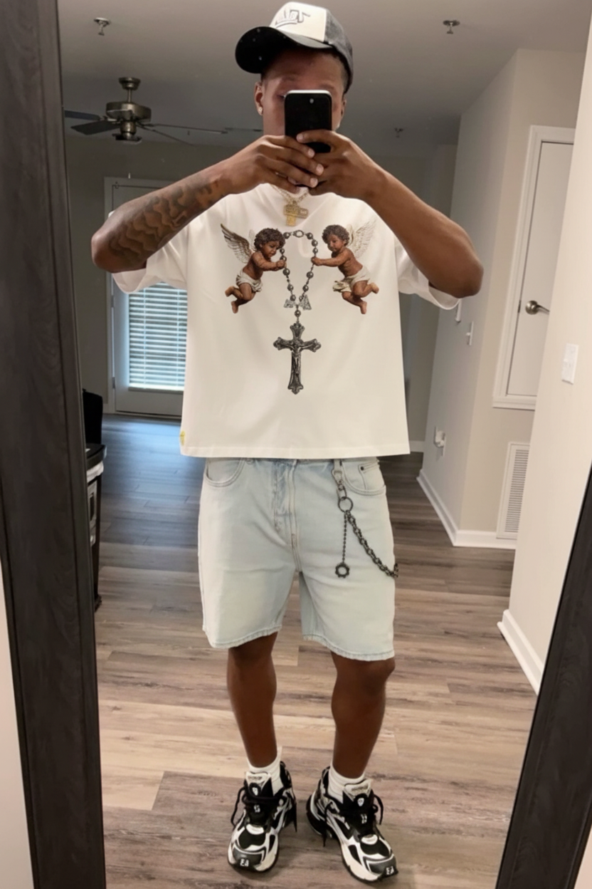NOISSEY "Cherub Divine Faith" Vintage Angel Art Print Heavyweight T-Shirt - Pure White