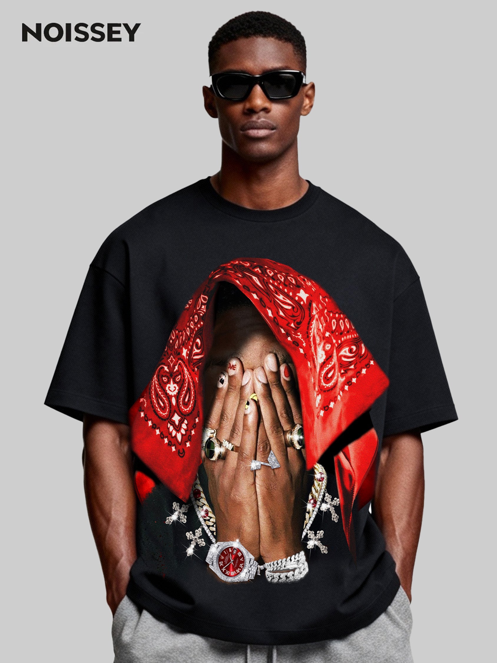 Boxy Oversized T-shirt with Red Paisley Art Headscarf Figure Print
