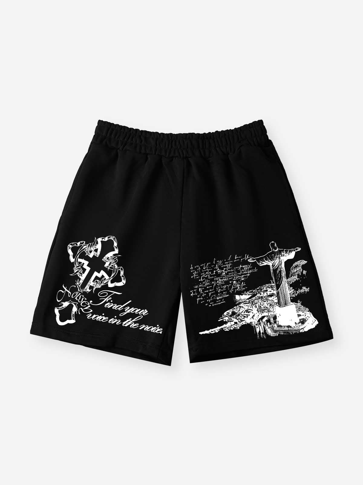 NOISSEY Waters of Faith Christ Cross Art Distressed Print Shorts-Onyx Black
