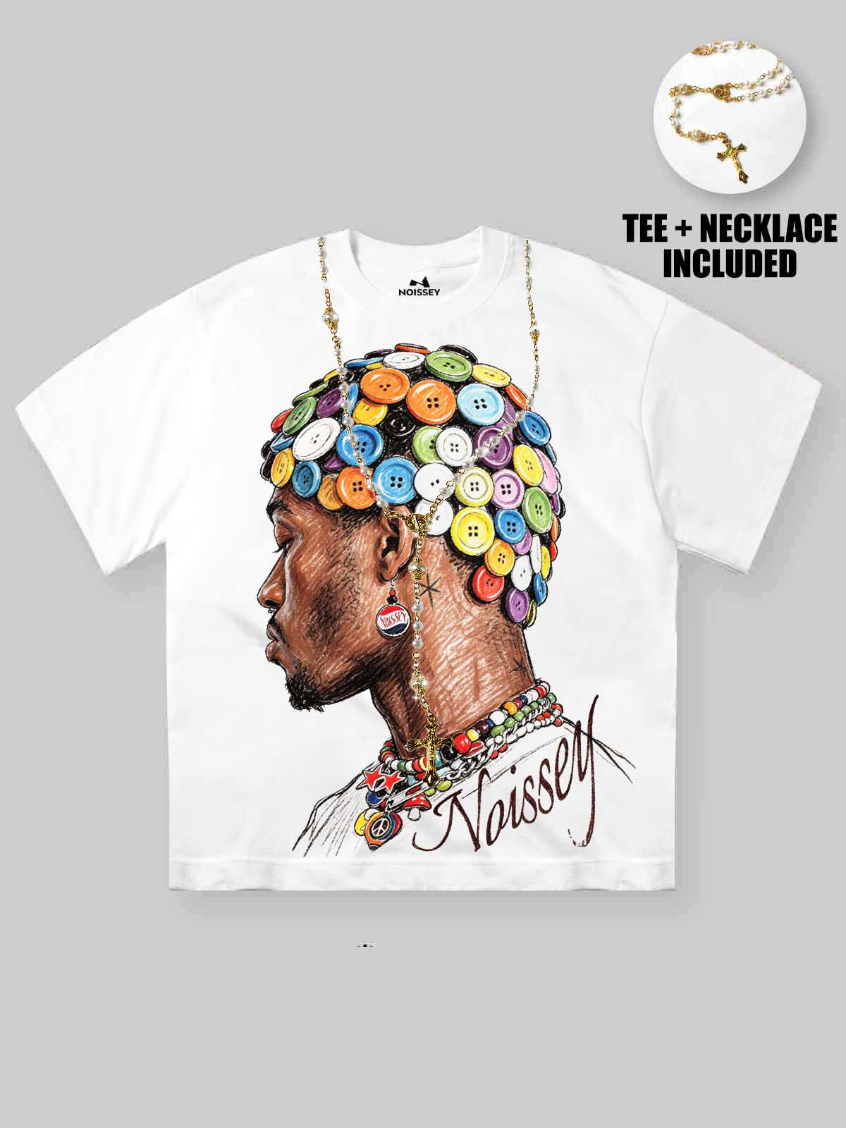 NOISSEY "Button Necklace" White Tee - DIY Combo T-Shirt