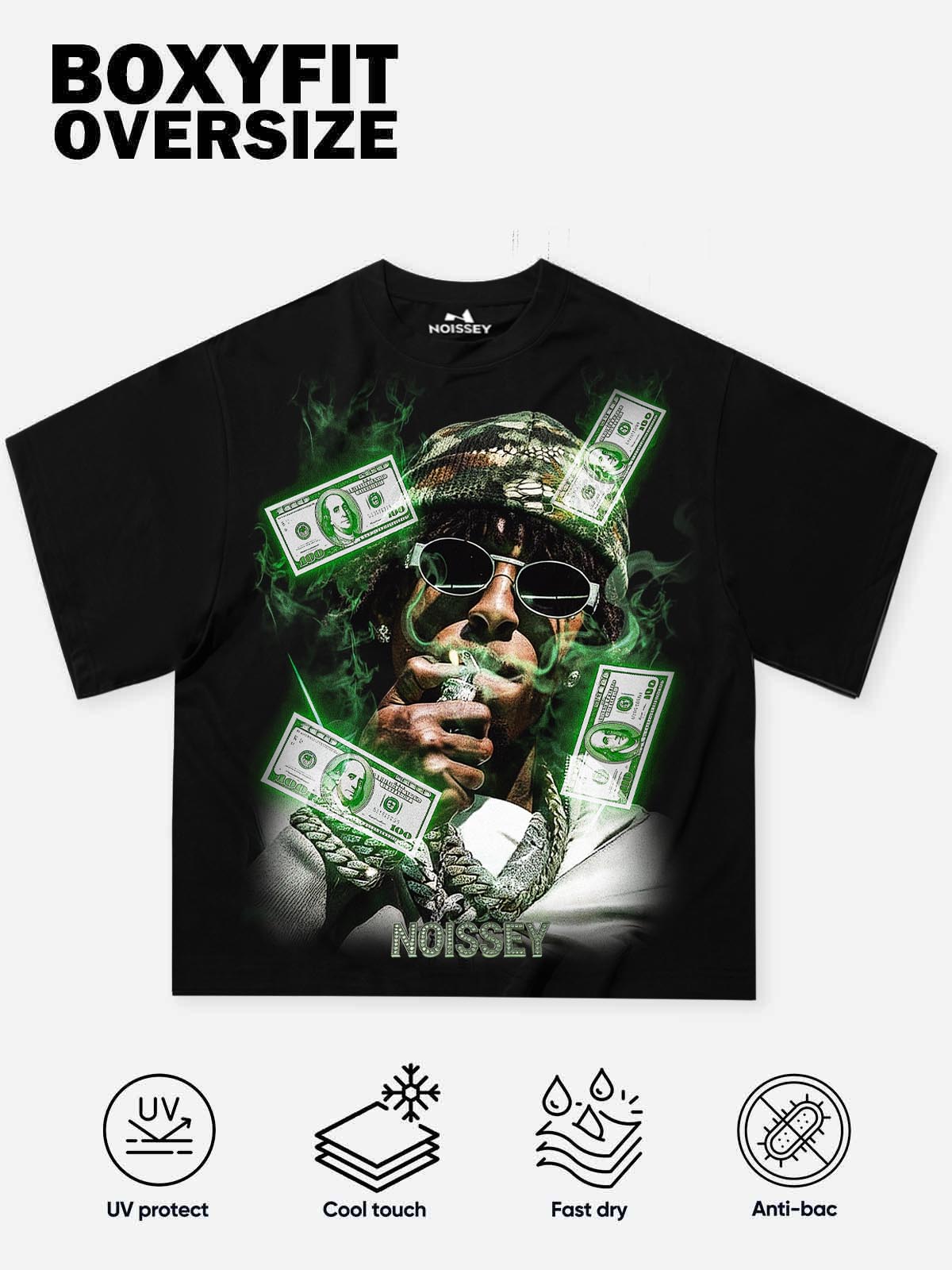 NOISSEY "Cash Smoke" Rapper Portrait & Money Mist Graphic Heavyweight T-Shirt
