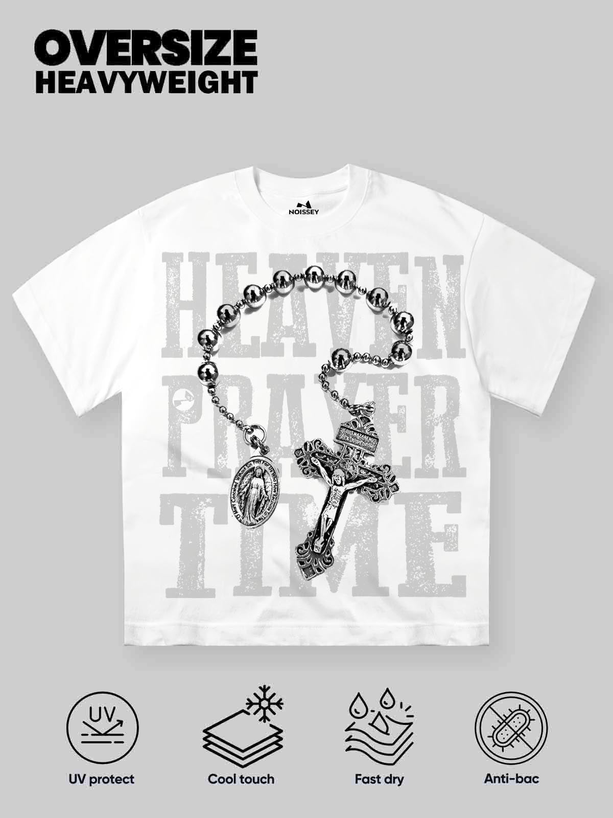 NOISSEY "Heaven Prayer Time" Rosary Graphic Little Oversize Tee - White