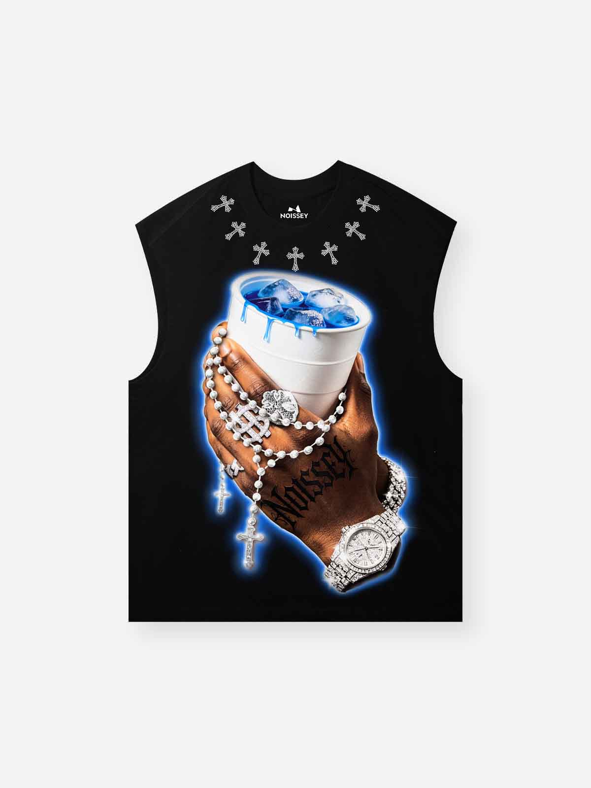 NOISSEY "Lean Blessing" Black Vest - Diamond Rhinestone Graphic