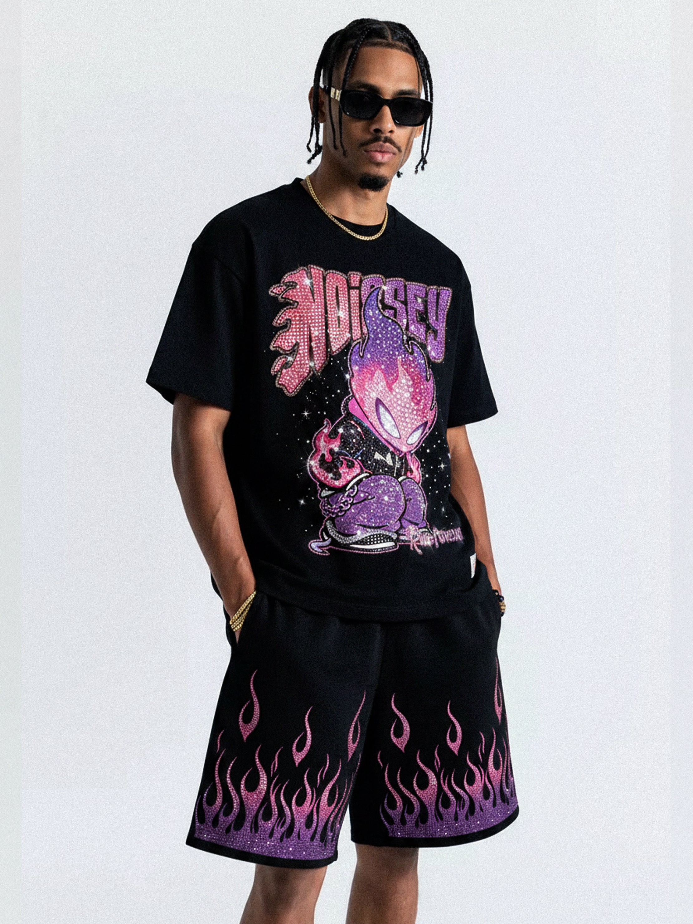 NOISSEY "Neon Embers" Gradient Graphic Flame Shorts - Onyx Black Heavyweight Street Shorts