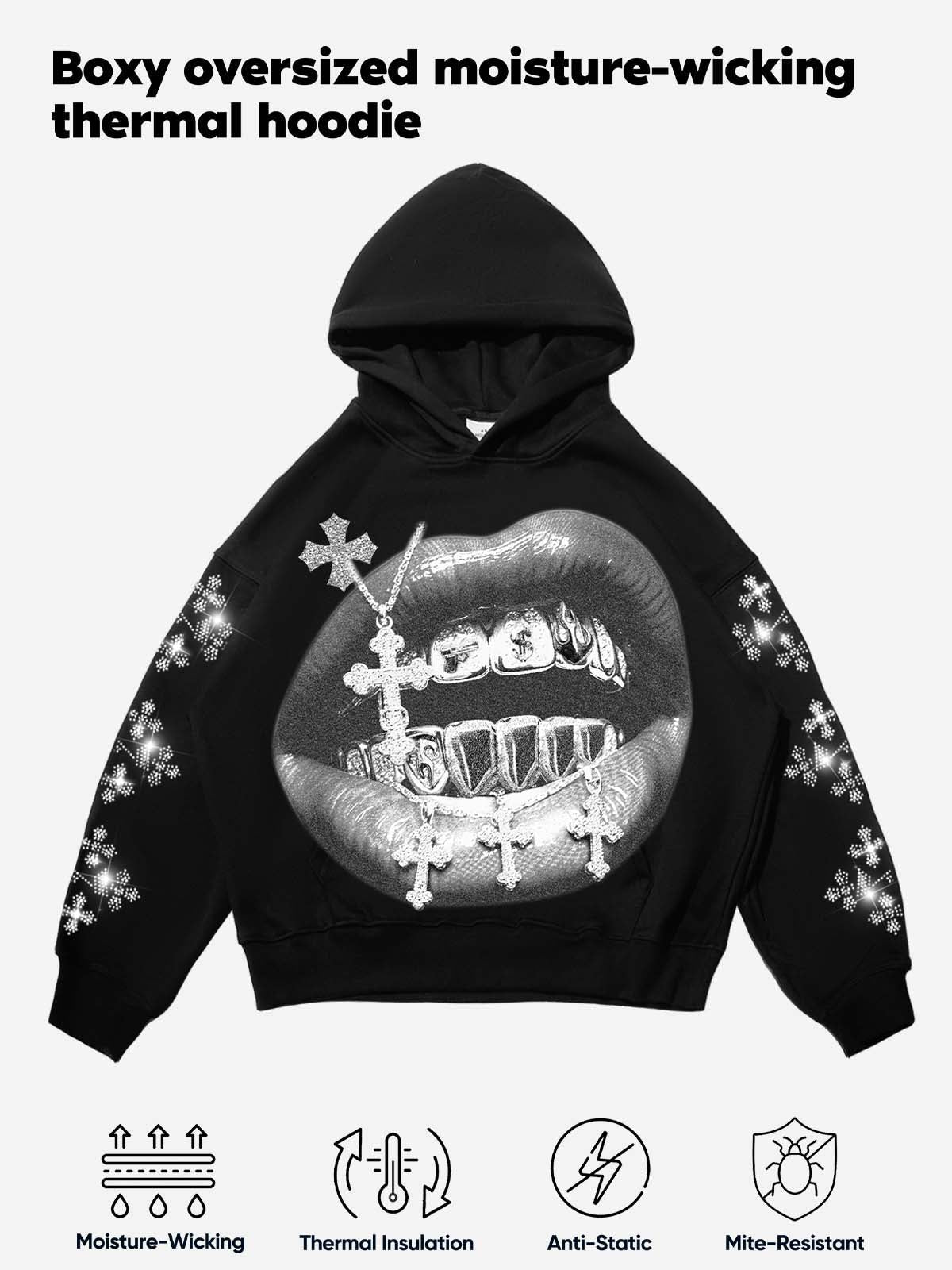 NOISSEY Cross Grillz Rhinestone Sleeve Thermal Hoodie