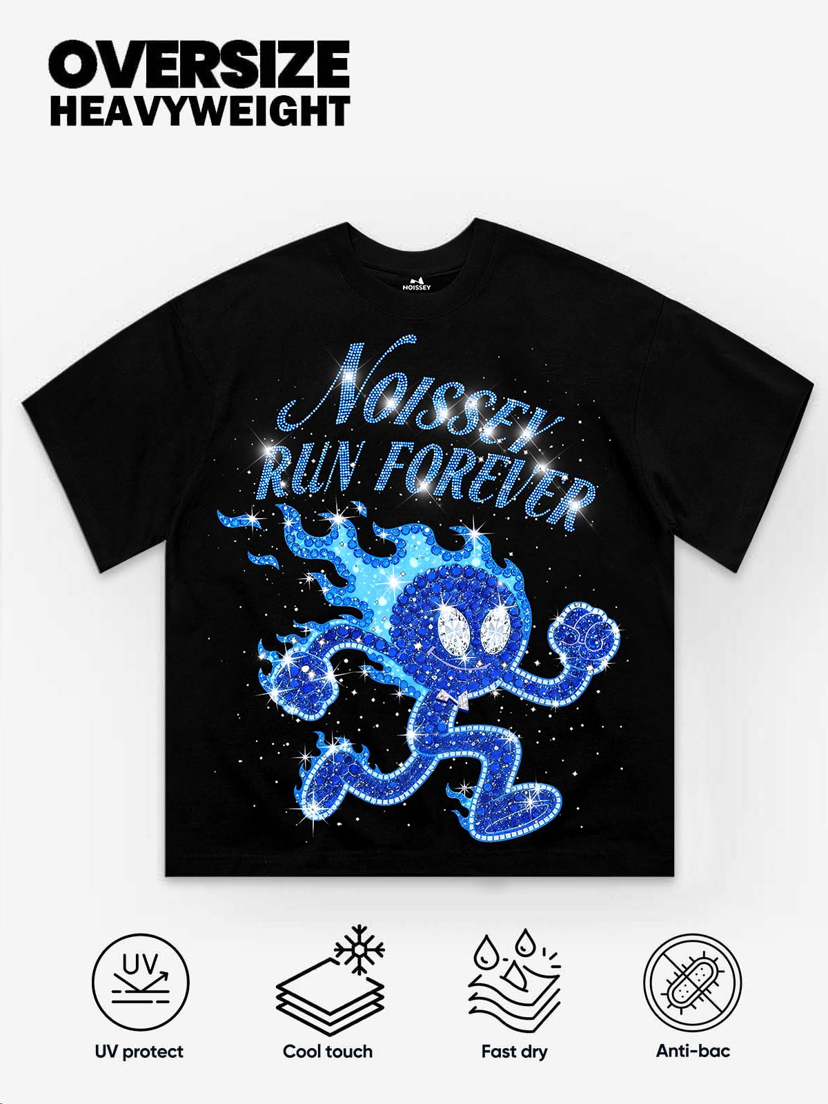 NOISSEY "RUN FOREVER" Blue Rhinestone Graphic Heavyweight T-Shirt - Black 255G Oversized