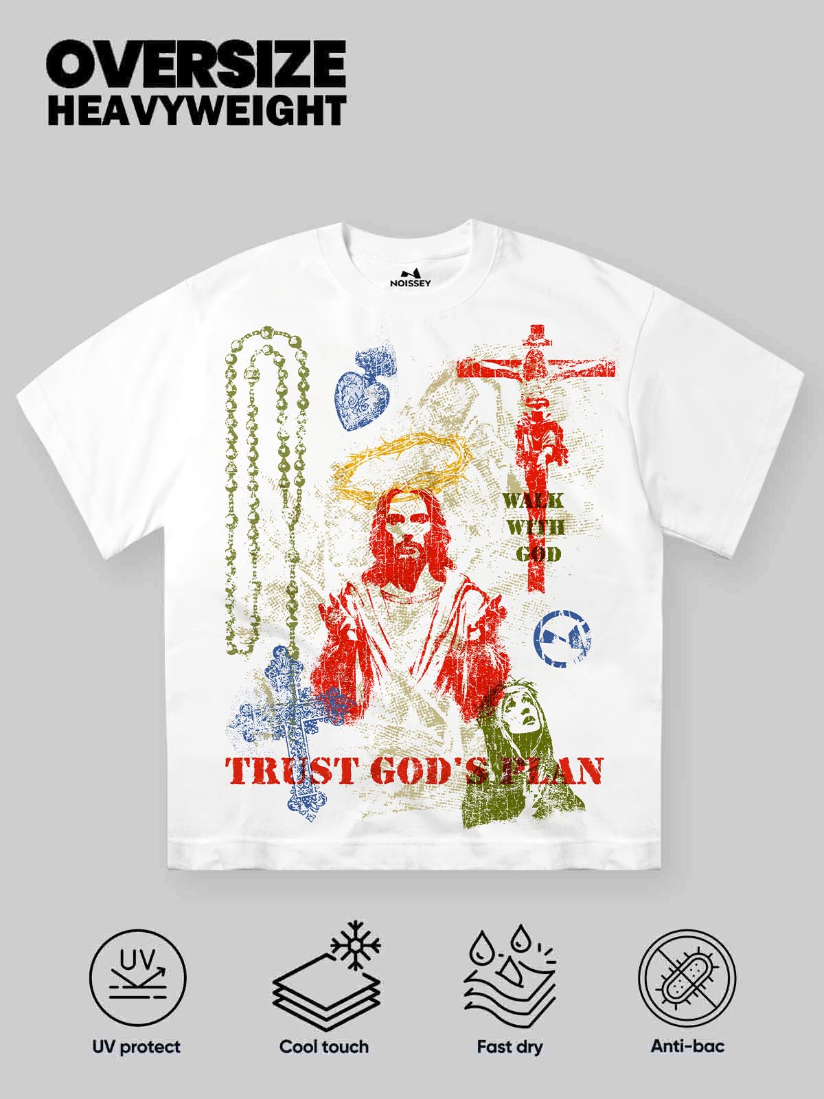 White T-shirt with colorful "Trust God's plan" screen print