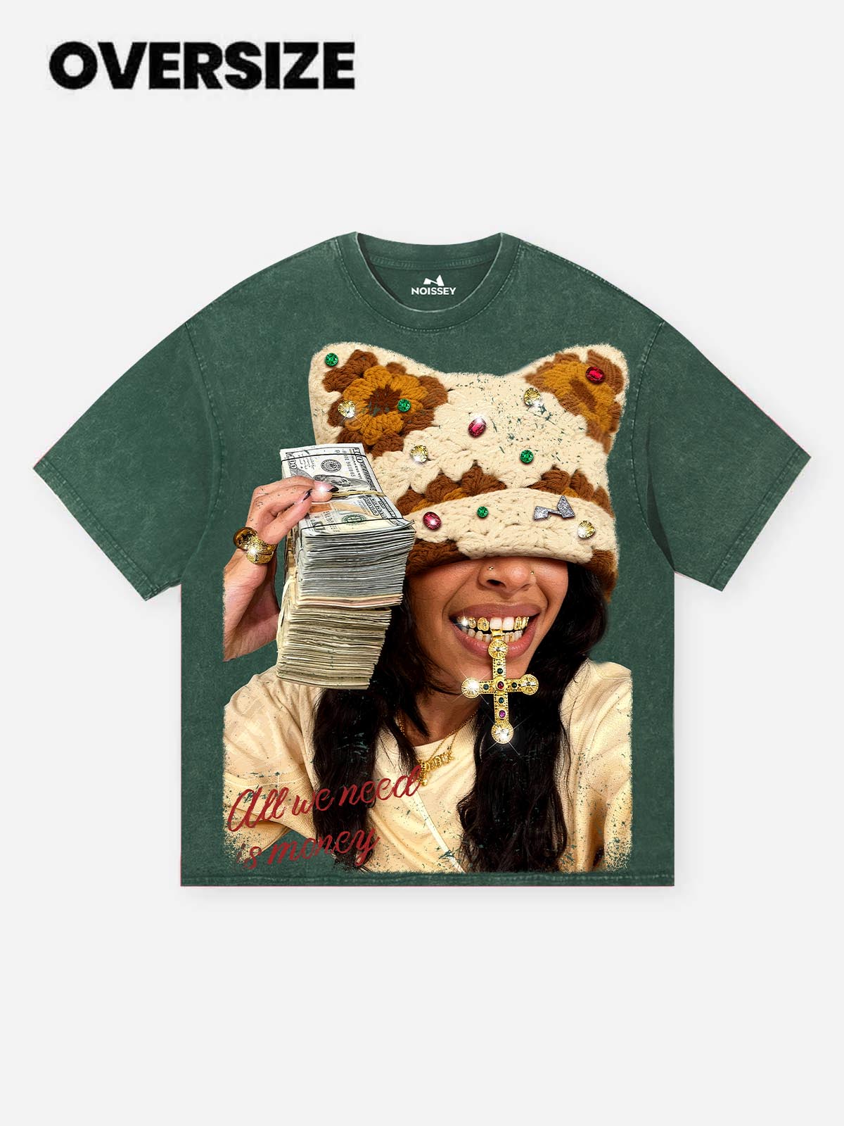 Colorful Diamond Brown Cat-Ear Cat & Street Girl Washed Print T-shirt