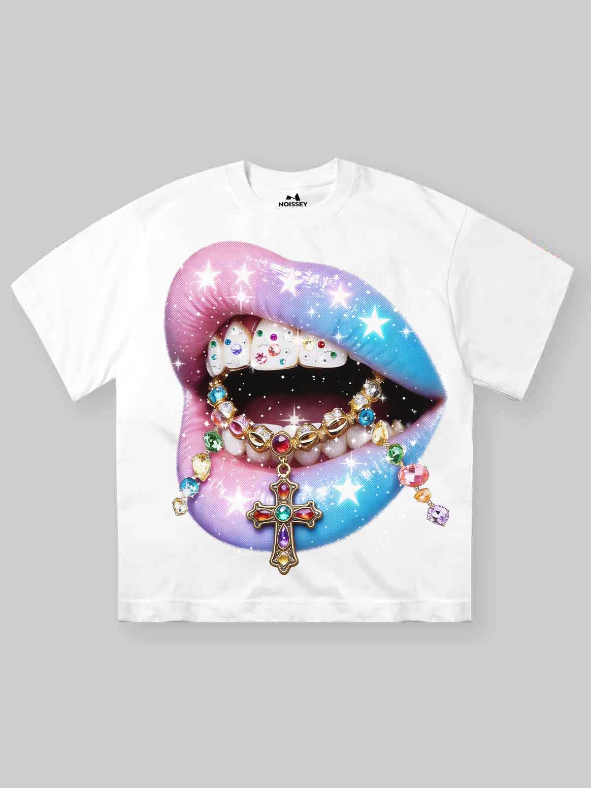 Pink-Blue Gradient Starry Sky with Lip-Adorned Glitter Art Print T-shirt