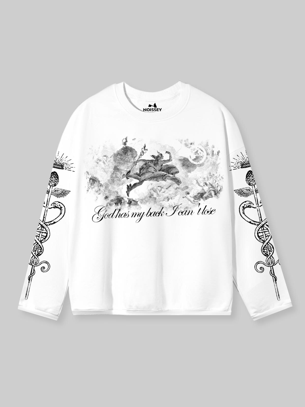 NOISSEY "Divine Herald" Greek Mythology Engraving Long-Sleeve Tee - Pure White