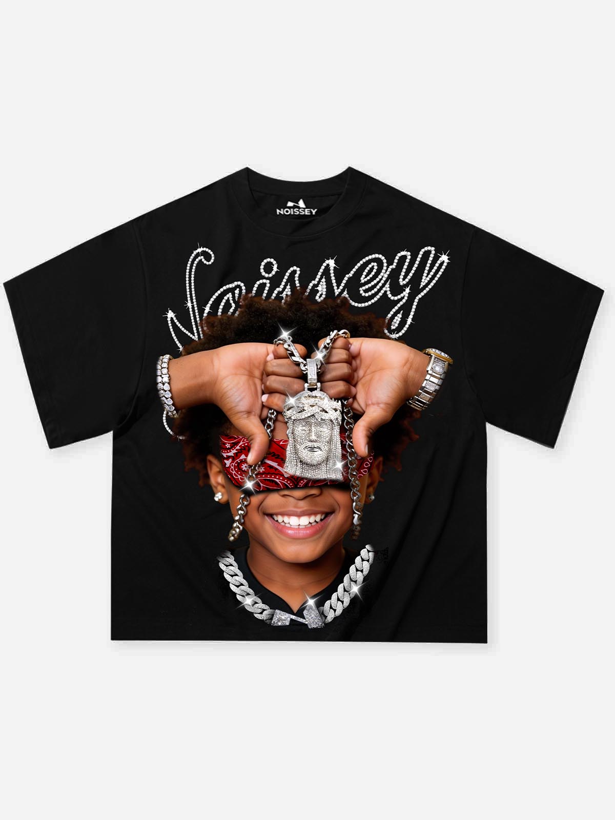 NOISSEY "Blind Faith" Child & Jesus Piece Graphic Rhinestone Heavyweight T-Shirt