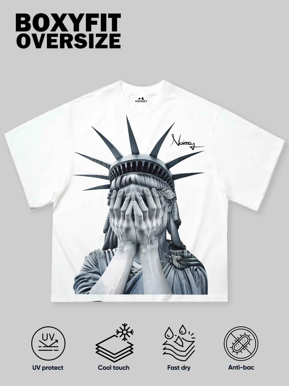 NOISSEY "Weeping Liberty" Tee - Clean White 255G Heavyweight Boxy Oversized Crying Goddess Graphic T-Shirt
