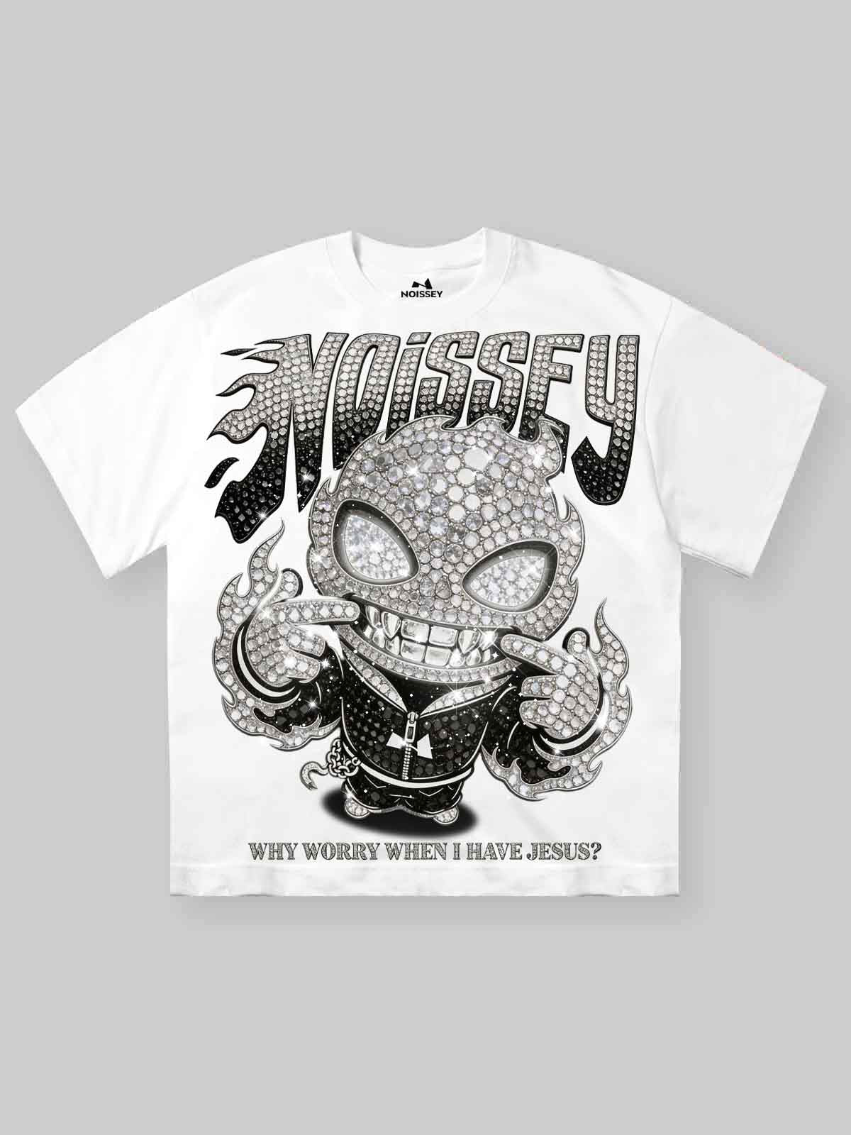 NOISSEY "DIAMOND SOUL" Full-Rhinestone Character Oversized Tee - Arctic White
