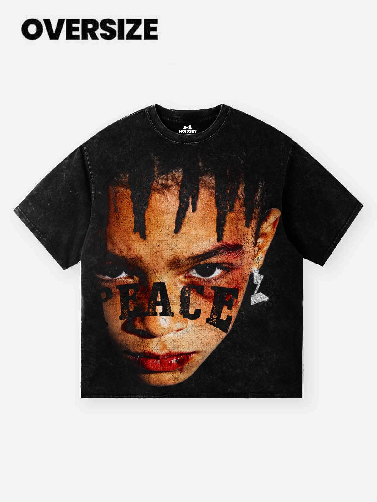 NOISSEY PEACE Braided Portrait Vintage Distressed Art Print T-Shirt - Washed Onyx