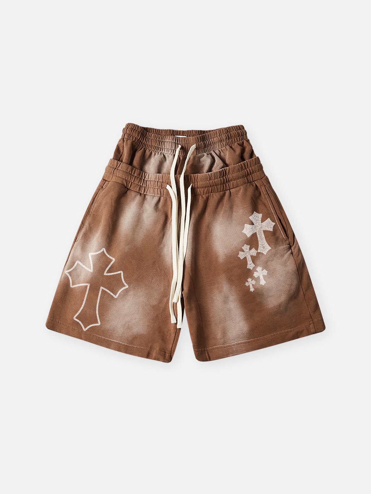 NOISSEY Heavy Sweat Shorts with Rhinestone Gothic Cross - 4 Colors Available