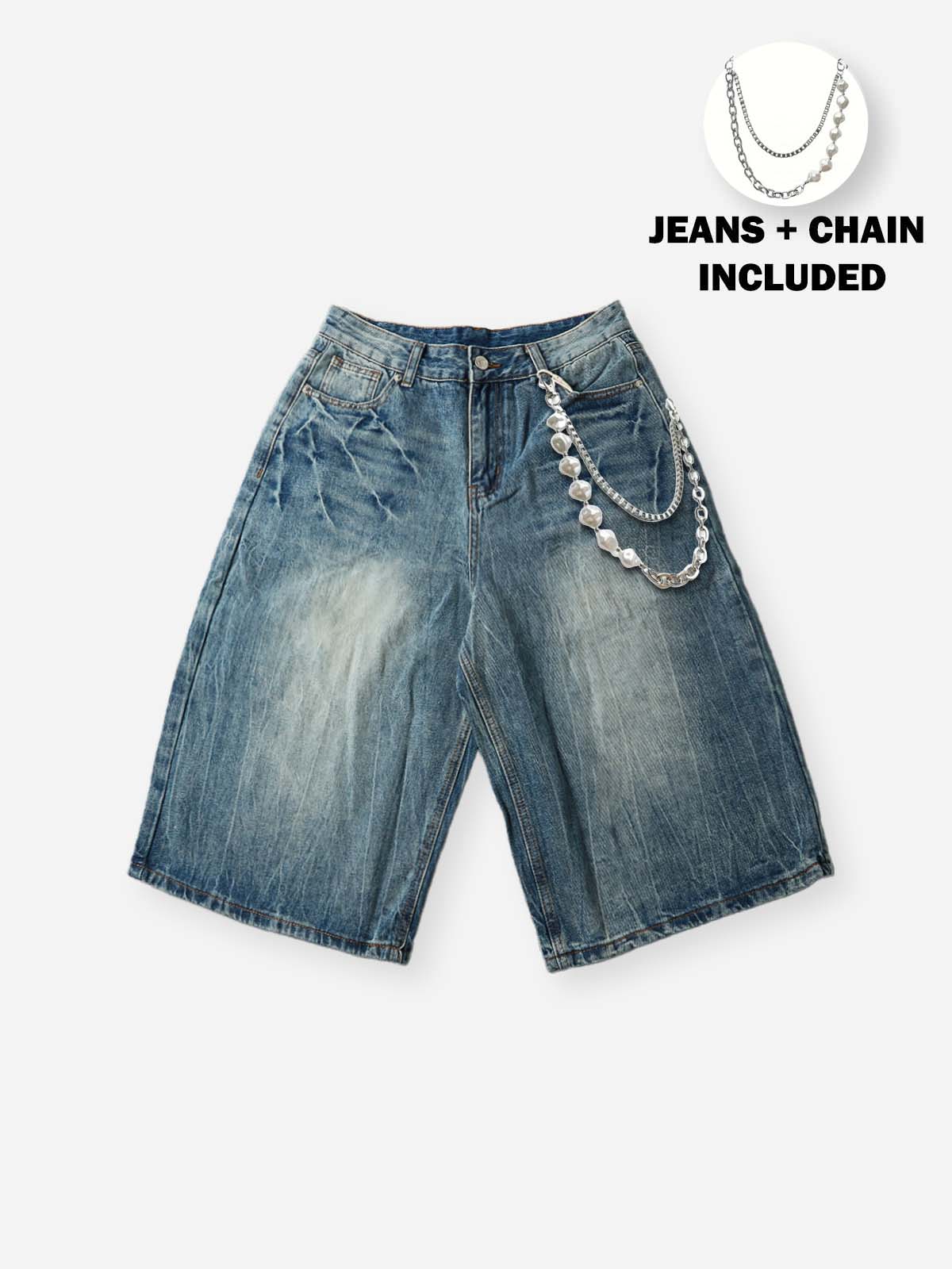 NOISSEY Ocean Washed Relaxed Denim Shorts (Premium Jewelry Chain Included) - Vintage Indigo
