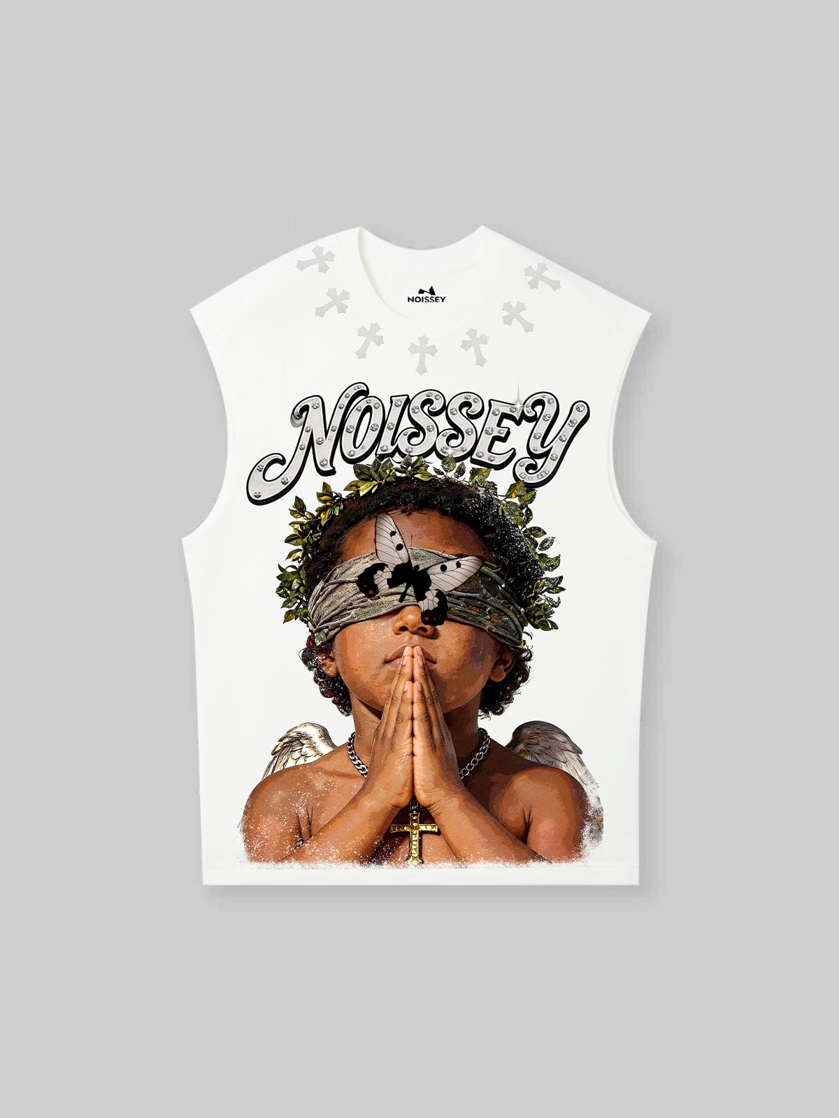 NOISSEY "Heavenly Vision" Rhinestone Angel Tank top- Heavyweight Graphic Streetwear - Optic White
