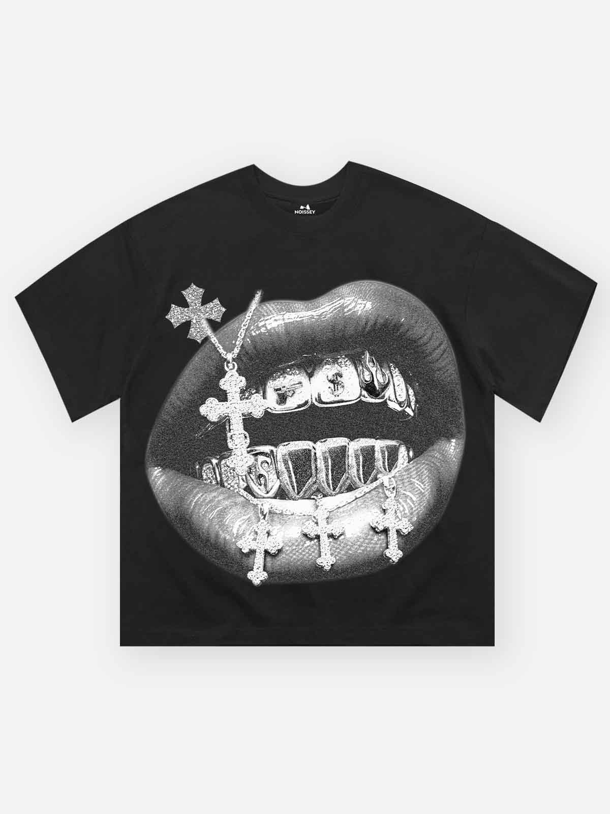 NOISSEY High quality Cross Vintage Grills Black Print 350g T-shirt