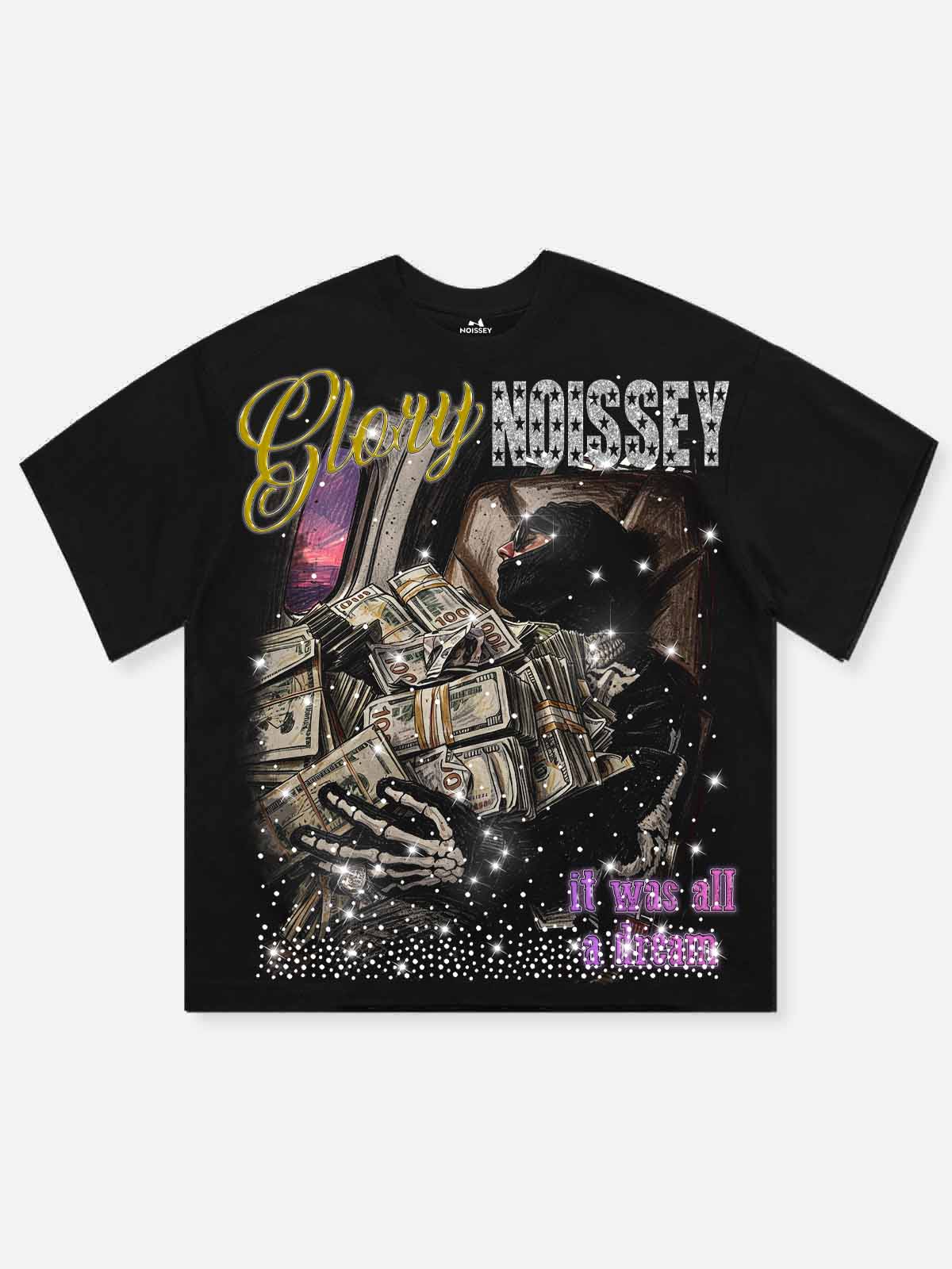 NOISSEY "Glory Dream" Private Jet Cash Skeleton Rhinestone Oversized Tee